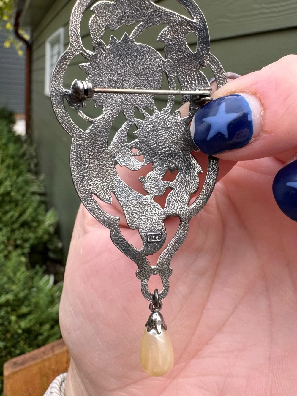 Vintage Sterling Silver Floral Filigree Pin Clip with Cream Pearl Teardrop